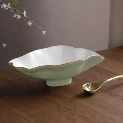 ENCANTO Claire Small Oval Bowl with Spoon (Pistachio, White and Gold)