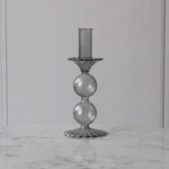 GLASS Cambridge Lucille 2 Ball Candlestick Holder Set of 2 (Light Gray