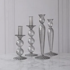 GLASS Cambridge Lucille 2 Ball Candlestick Holder Set of 2 (Light Gray