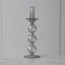 GLASS Cambridge Lucille 3 Ball Candlestick Holder Set of 2 (Light Gray