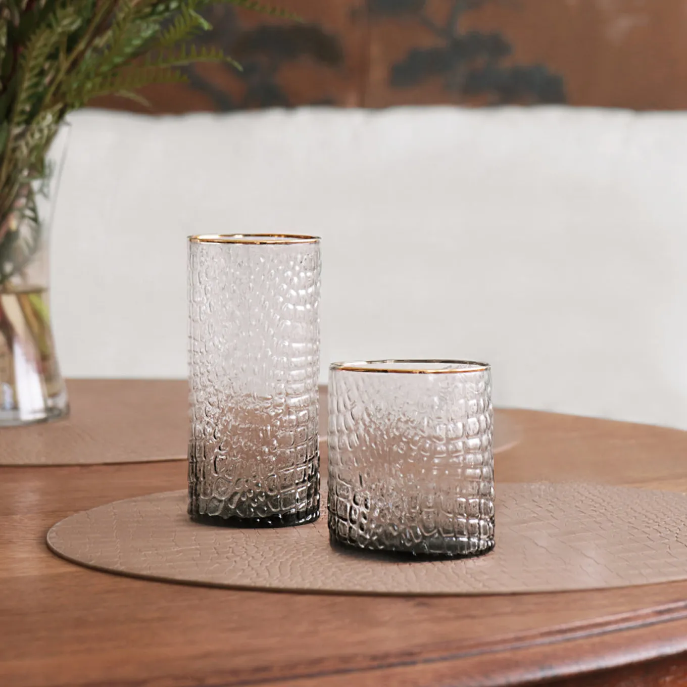 GLASS Croc Double Old-Fashioned with Gold Rim Set of 4 (Smoke Grey)