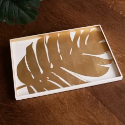 INDOCHINE Large Lacquered PhilodendronTray White and Gold