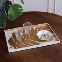 INDOCHINE Large Lacquered PhilodendronTray White and Gold