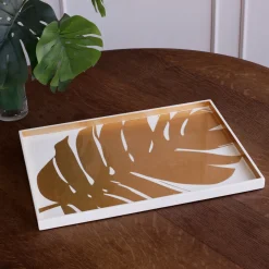 INDOCHINE Large Lacquered PhilodendronTray White and Gold