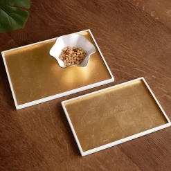 INDOCHINE Rectangle Lacquered Trays Set of 2 White and Gold