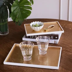 INDOCHINE Rectangle Lacquered Trays Set of 2 White and Gold