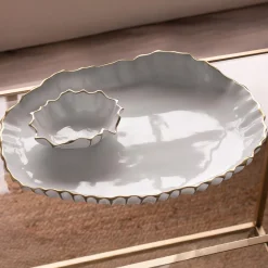 THANNI Mystic Large Oval Platter with Mini Bowl (White and Gold)