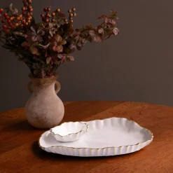 THANNI Mystic Large Oval Platter with Mini Bowl (White and Gold)