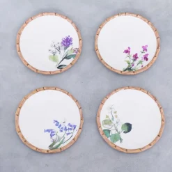 VIDA Bamboo Floral Salad Plates Set of 4 (White and Multi)