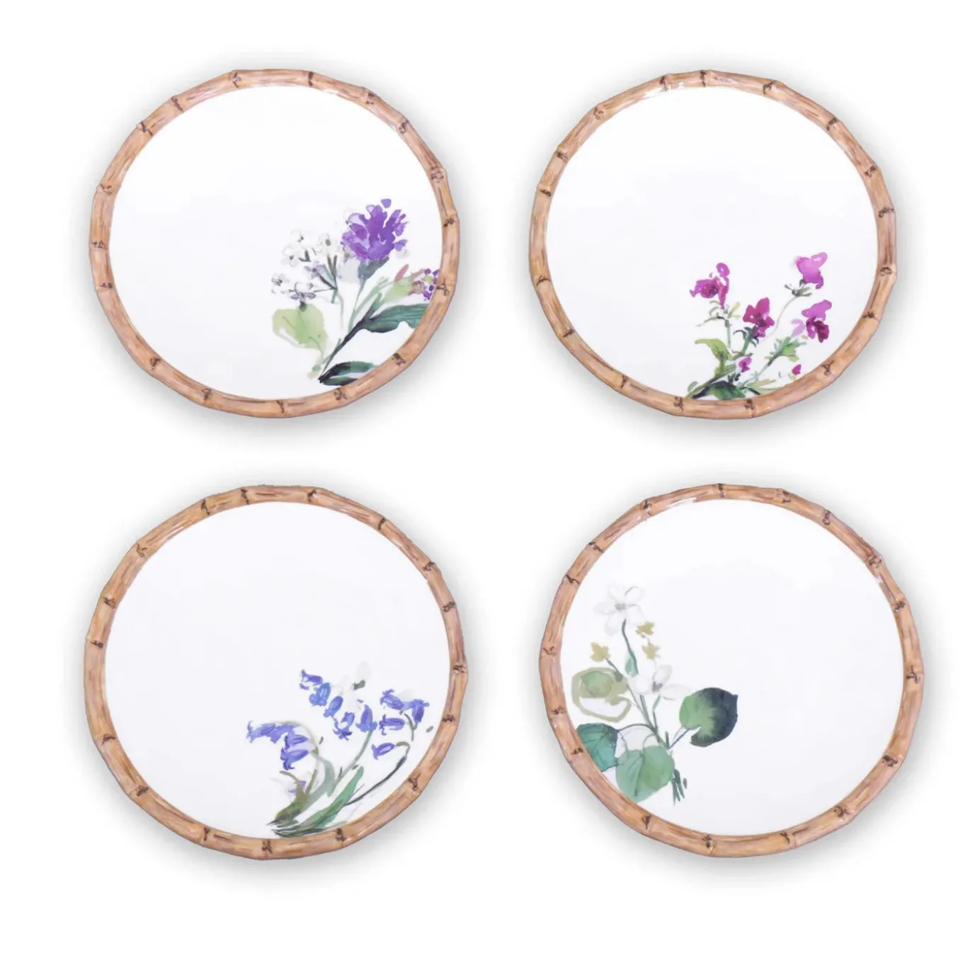 VIDA Bamboo Floral Salad Plates Set of 4 (White and Multi)