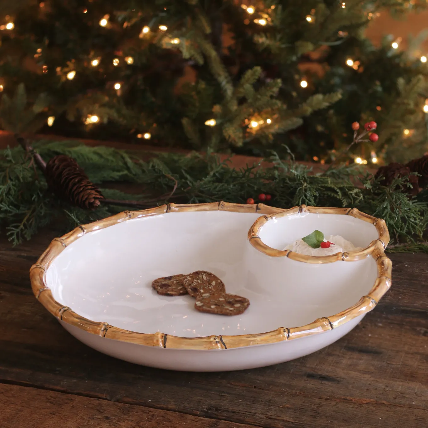 VIDA Bamboo Large Chip & Dip Bowl (White and Natural)