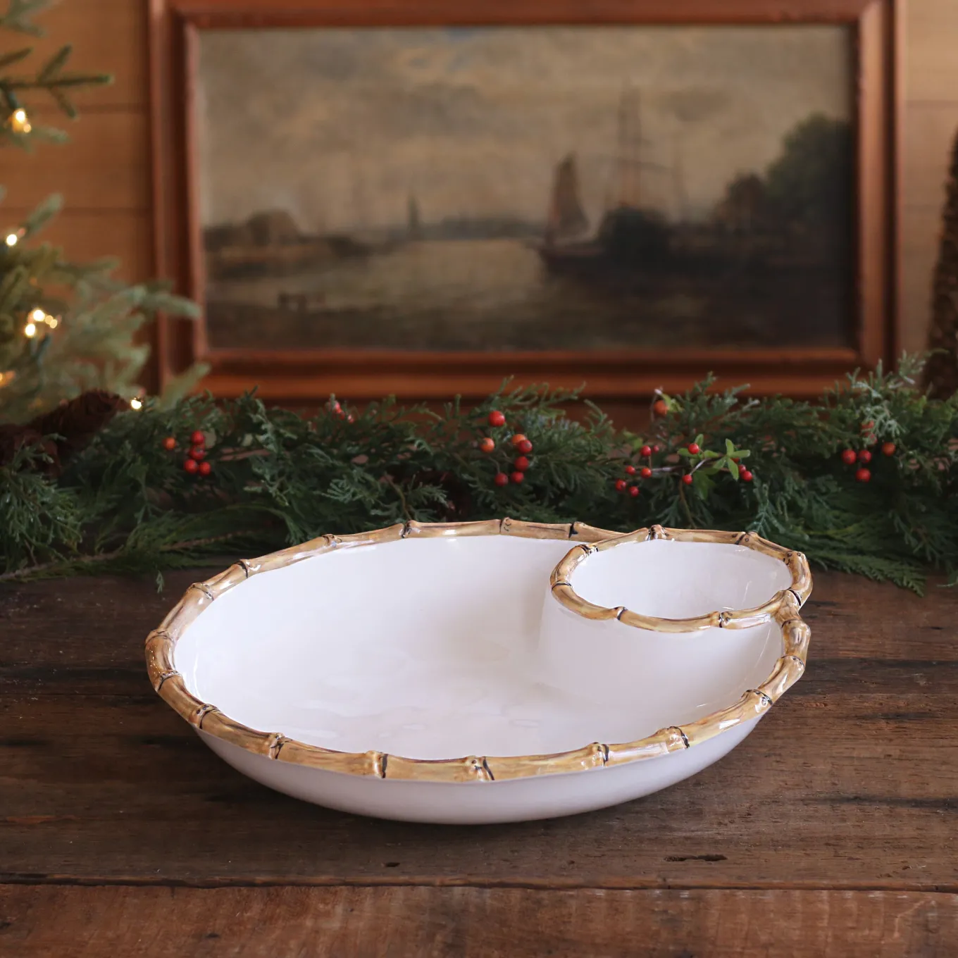 VIDA Bamboo Large Chip & Dip Bowl (White and Natural)