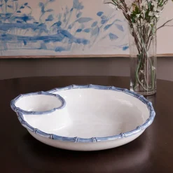VIDA Bamboo Large Chip and Dip Bowl (White and Blue)
