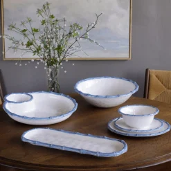 VIDA Bamboo Large Chip and Dip Bowl (White and Blue)