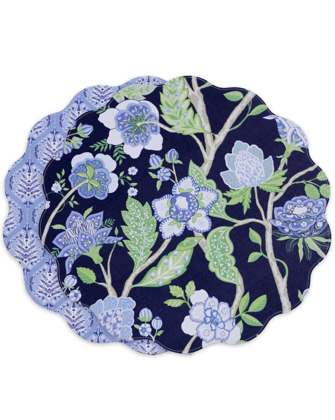 VIDA Blooms & Branches Reversible Round Placemats Set of 4 Navy & Gree