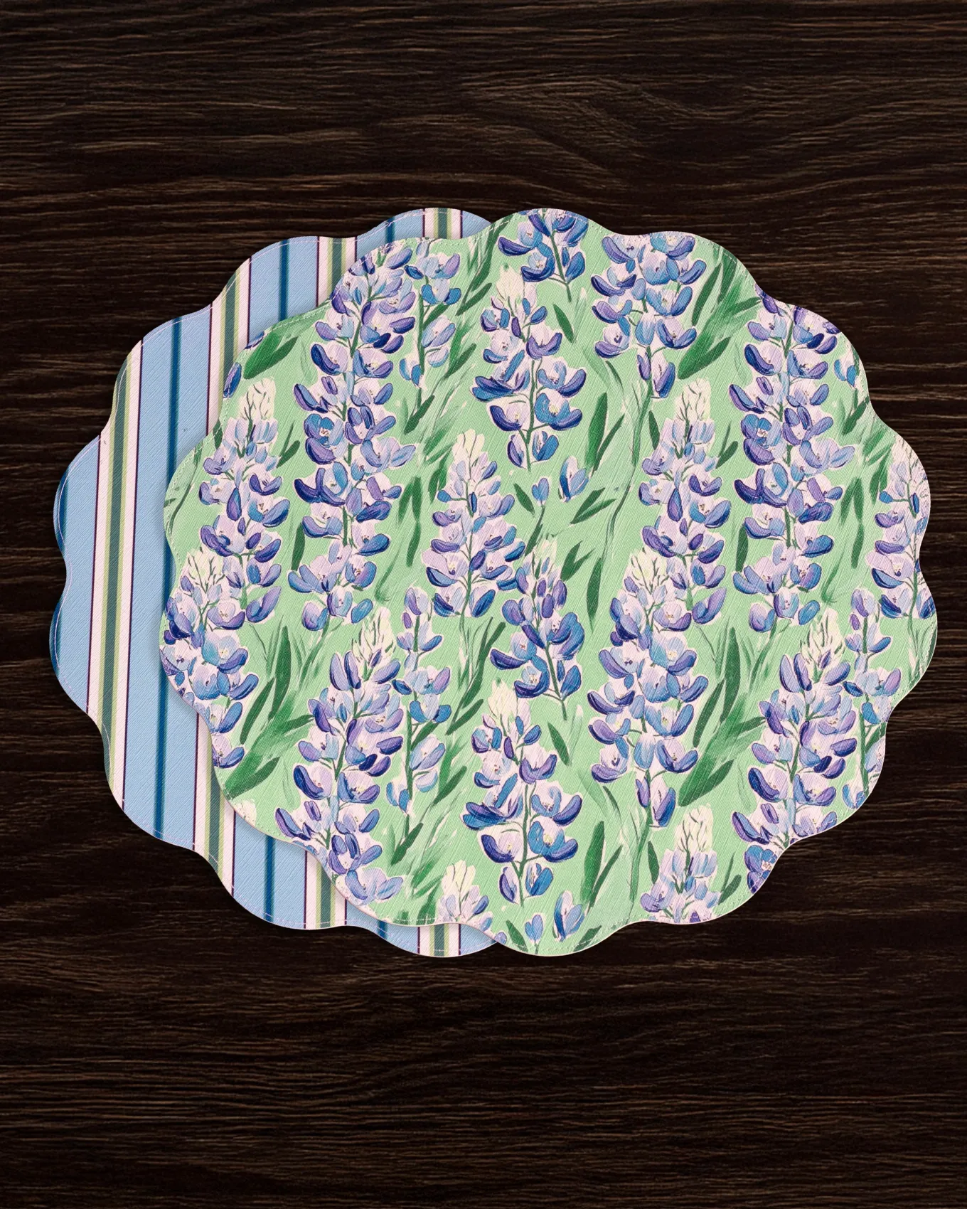 VIDA Bluebonnet & Stripes Reversible Round Placemats Set of 4 Blue & G