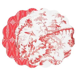 VIDA Chinoiserie and Trellis Reversible Round Placemats Set of 4 Red &