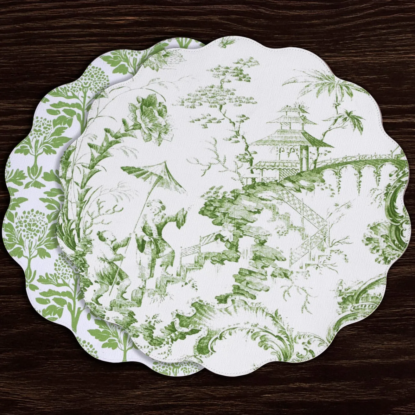 VIDA Chinoiserie Reversible Round Placemats Set of 4 Green & White