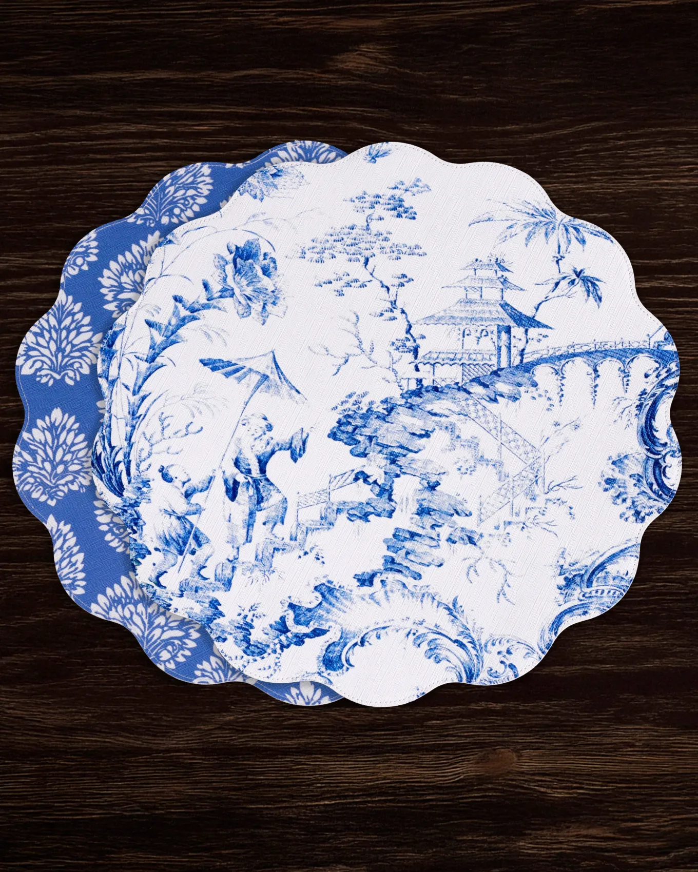VIDA Chinoiserie Reversible Round Placemats Set of 4 Blue & White
