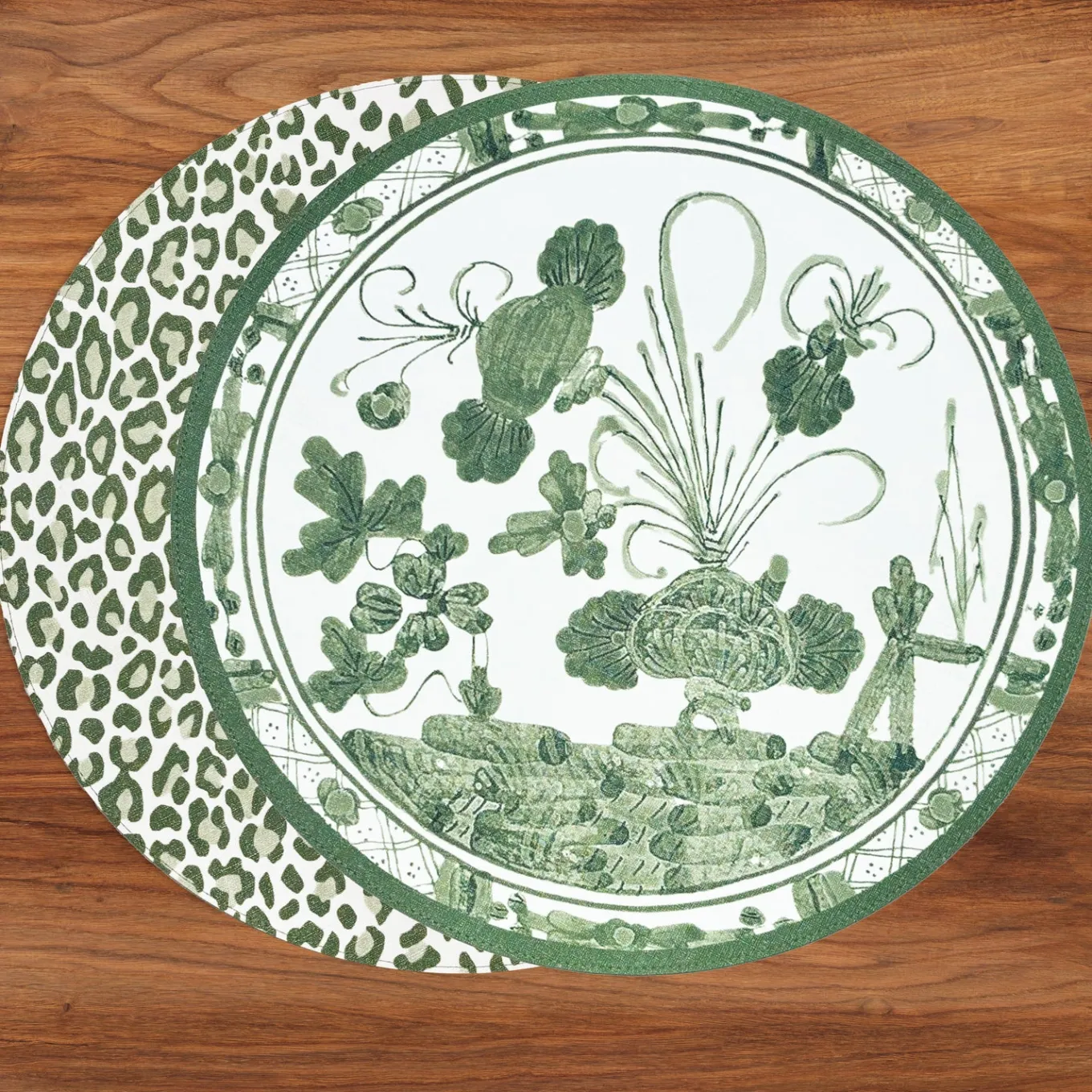 VIDA Faenza and Leopard Reversible Round Placemats Set of 4 White & Gr