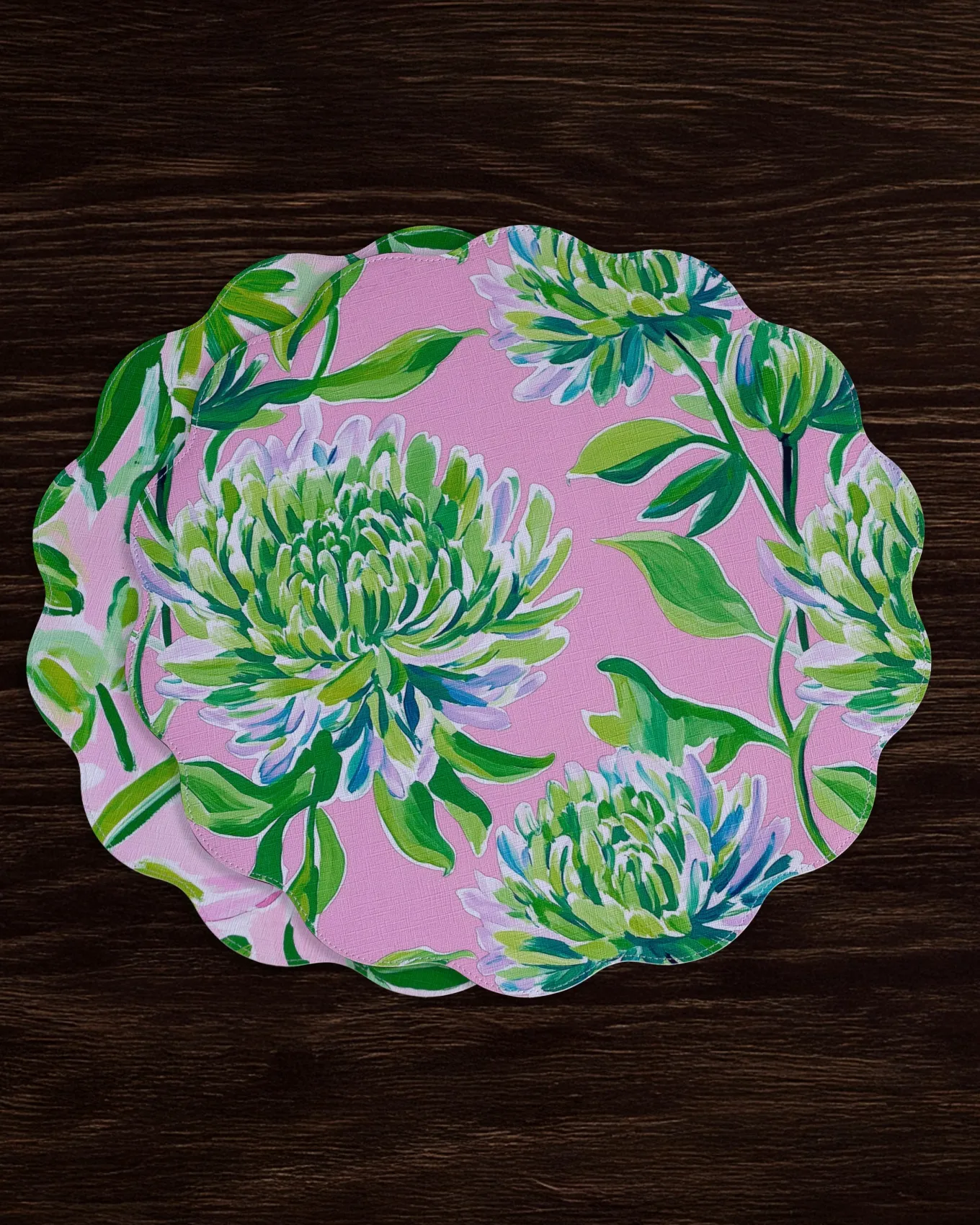 VIDA Hydrangeas & Daisies Reversible Round Placemats Set of 4 Pink & G