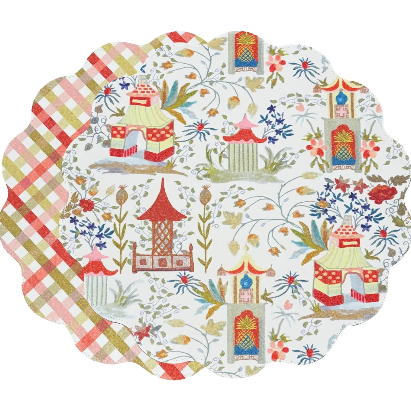 VIDA Pagoda and Carlie Plaid Reversible 15.5 Round Placemats Set of 4