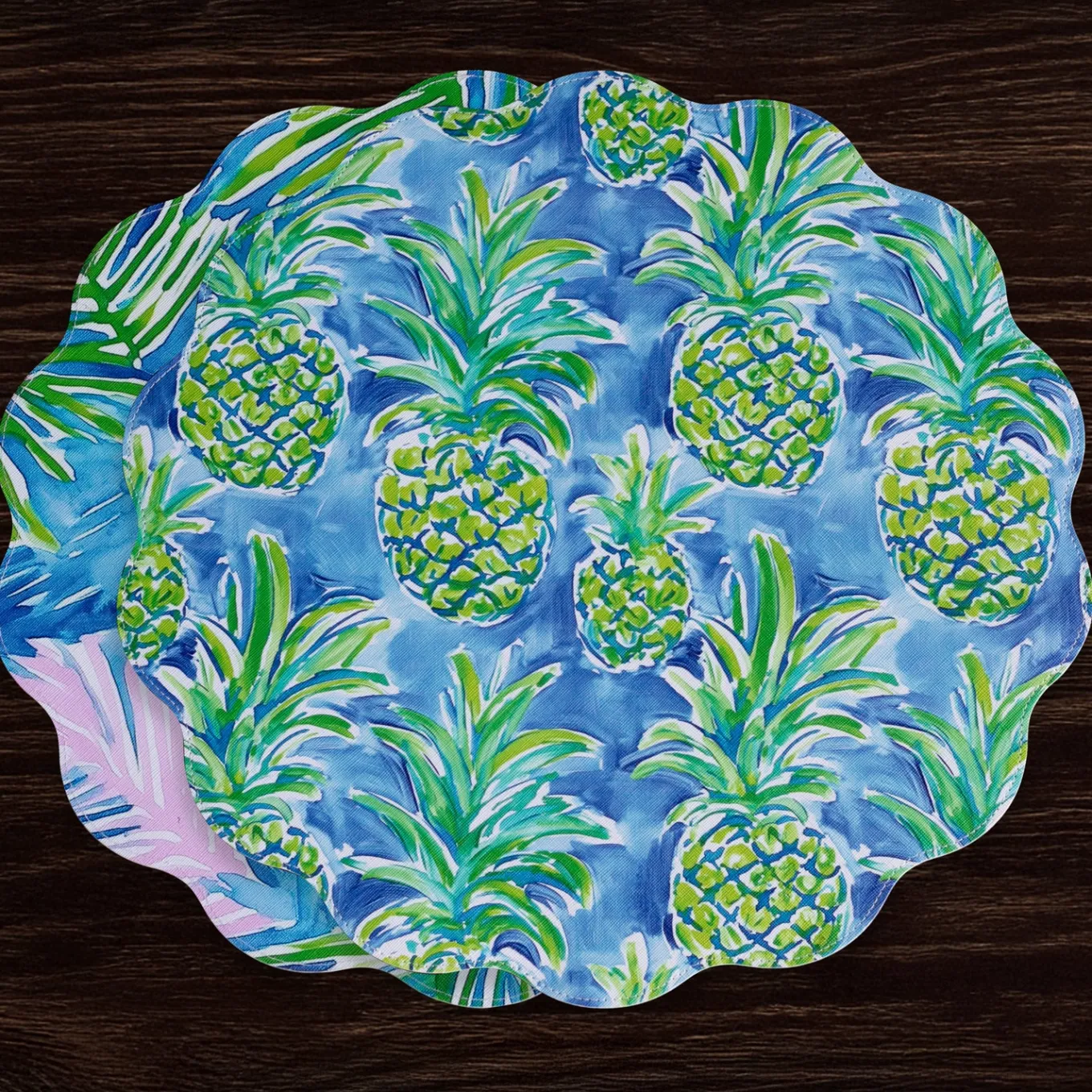 VIDA Pineapples & Palms Reversible Round Placemats Set of 4 (Blue & Gr