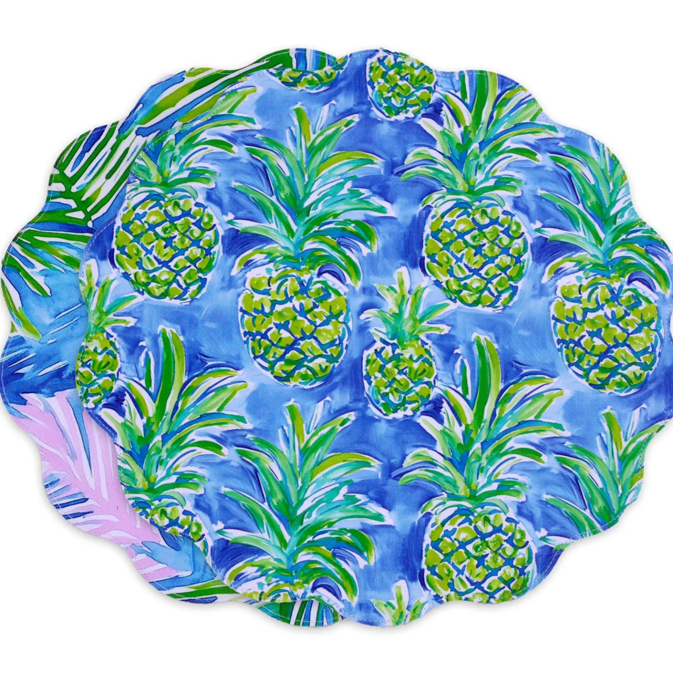 VIDA Pineapples & Palms Reversible Round Placemats Set of 4 (Blue & Gr