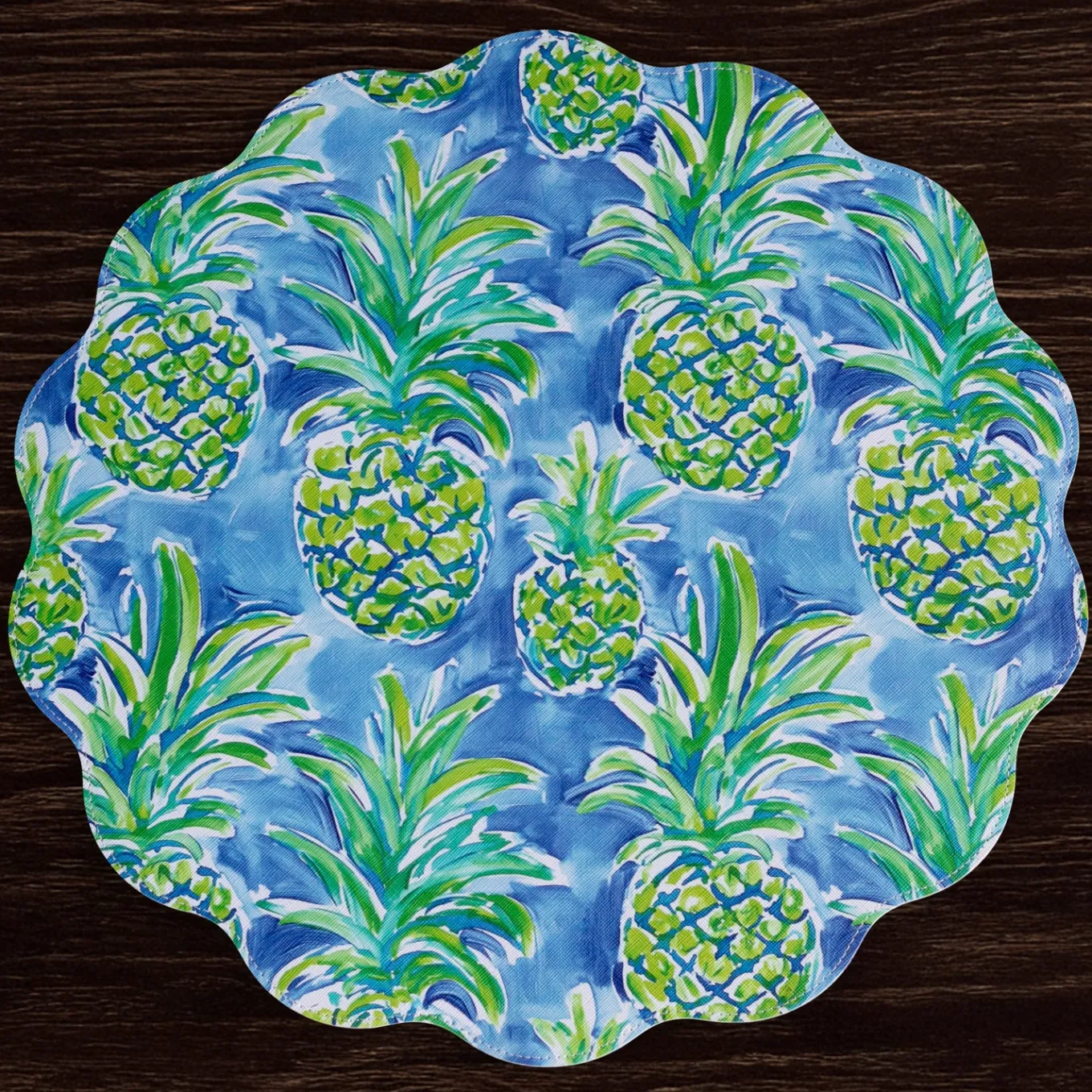 VIDA Pineapples & Palms Reversible Round Placemats Set of 4 (Blue & Gr