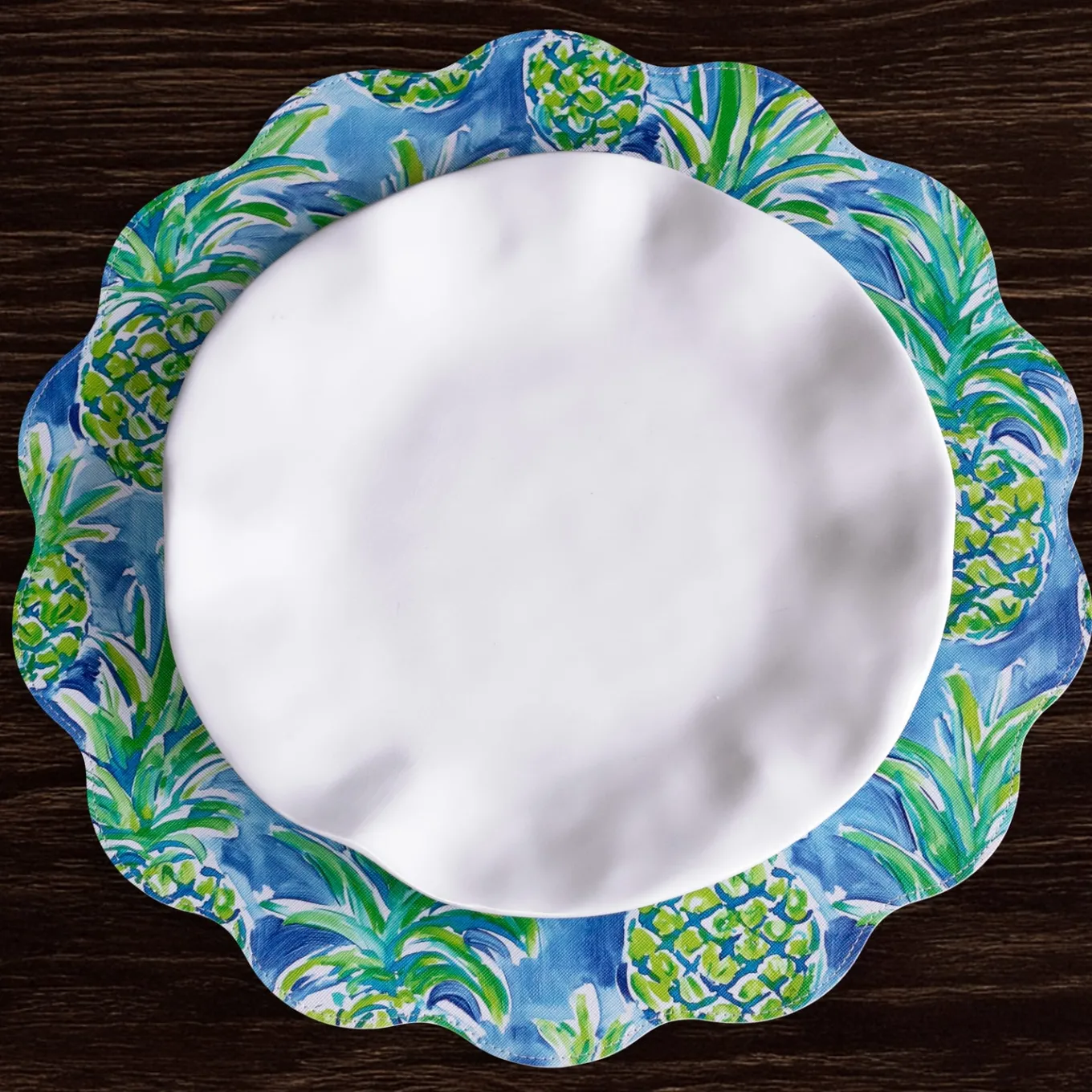 VIDA Pineapples & Palms Reversible Round Placemats Set of 4 (Blue & Gr