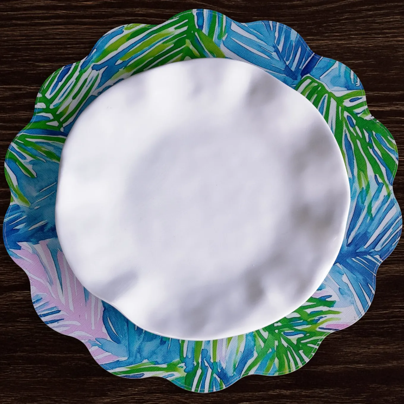 VIDA Pineapples & Palms Reversible Round Placemats Set of 4 (Blue & Gr