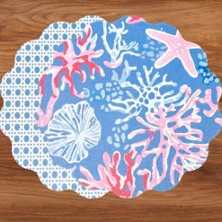 VIDA Sealife and Rattan Reversible Round Placemats Set of 4 Blue & Pin