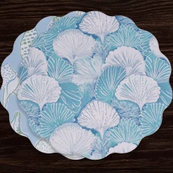 VIDA Shells & Scallops Reversible Round Placemats Set of 4 (Blue & Whi